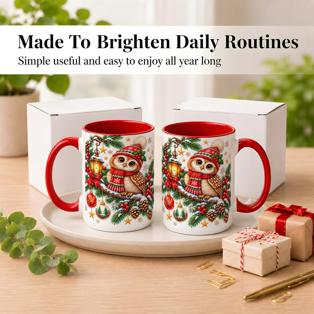 #pl[15oz|Red] Cozy Christmas Owl Coffee Mug, Lantern Owl Mug, Ceramic Cup