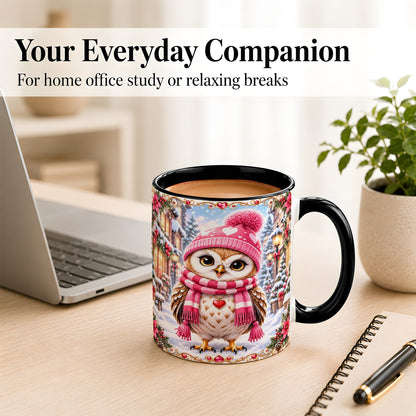 #pl[11oz|Black] Pink Winter Owl Coffee Mug, Heart Christmas Owl Mug, Ceramic Cup