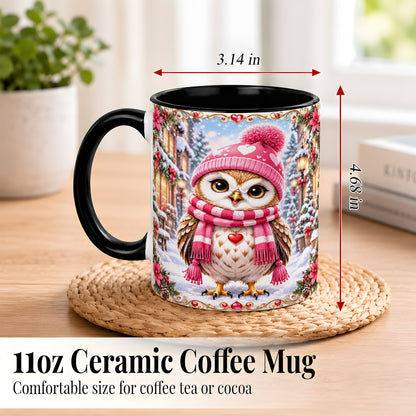 #pl[11oz|Black] Pink Winter Owl Coffee Mug, Heart Christmas Owl Mug, Ceramic Cup