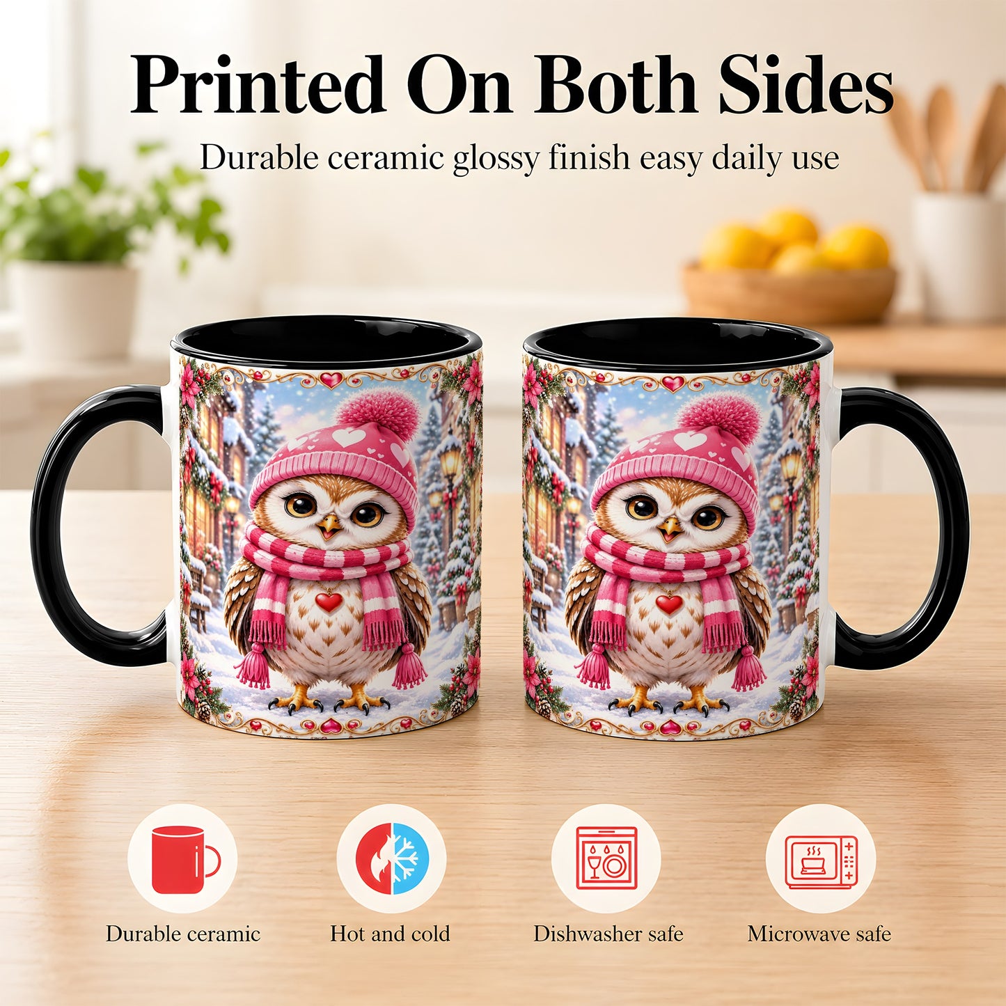 #pl[11oz|Black] Pink Winter Owl Coffee Mug, Heart Christmas Owl Mug, Ceramic Cup