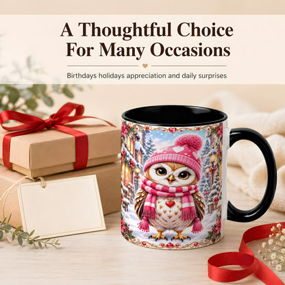 #pl[11oz|Black] Pink Winter Owl Coffee Mug, Heart Christmas Owl Mug, Ceramic Cup