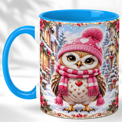 #pl[11oz|Blue] Pink Winter Owl Coffee Mug, Heart Christmas Owl Mug, Ceramic Cup