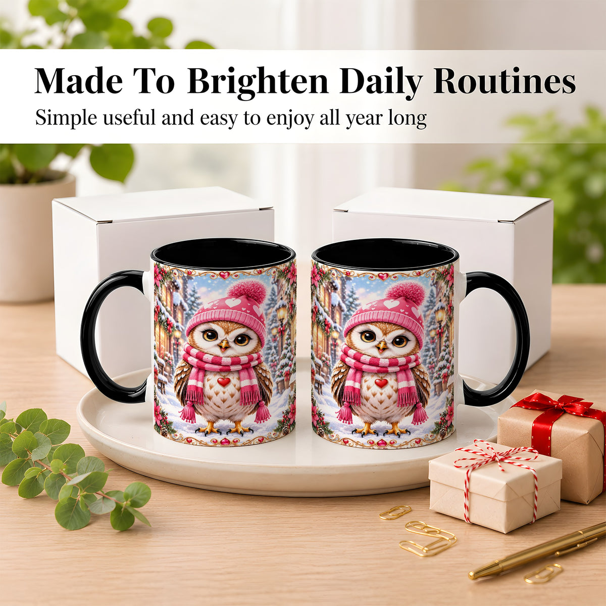 #pl[11oz|Black] Pink Winter Owl Coffee Mug, Heart Christmas Owl Mug, Ceramic Cup