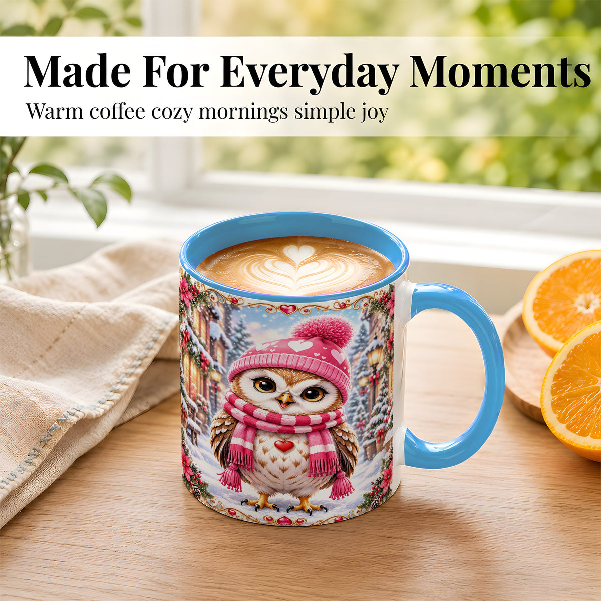 #pl[11oz|Blue] Pink Winter Owl Coffee Mug, Heart Christmas Owl Mug, Ceramic Cup