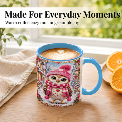 #pl[11oz|Blue] Pink Winter Owl Coffee Mug, Heart Christmas Owl Mug, Ceramic Cup
