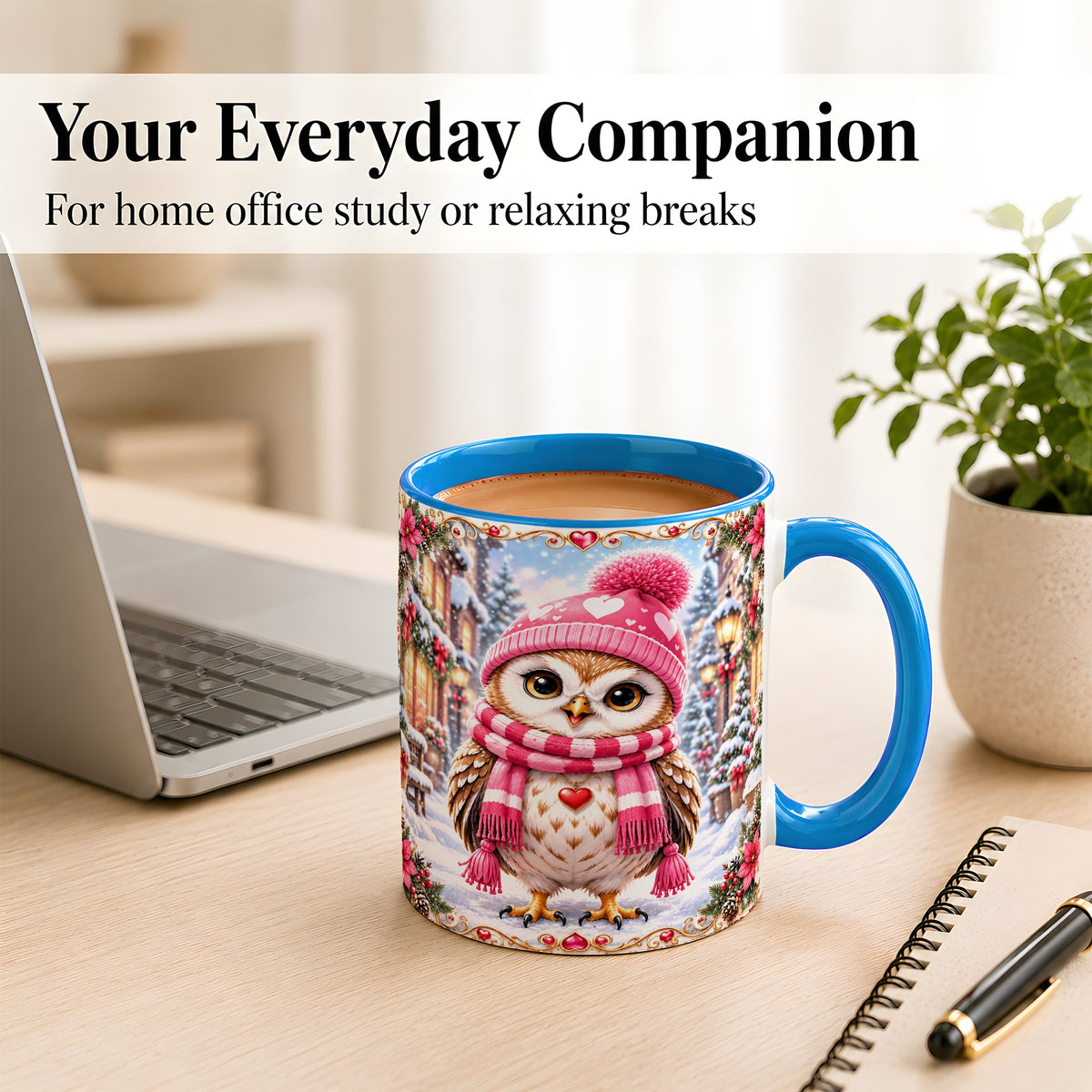 #pl[11oz|Blue] Pink Winter Owl Coffee Mug, Heart Christmas Owl Mug, Ceramic Cup