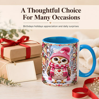 #pl[11oz|Blue] Pink Winter Owl Coffee Mug, Heart Christmas Owl Mug, Ceramic Cup