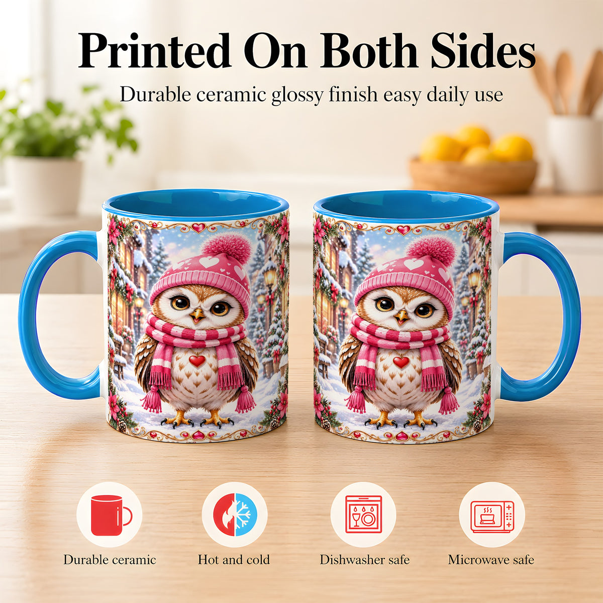 #pl[11oz|Blue] Pink Winter Owl Coffee Mug, Heart Christmas Owl Mug, Ceramic Cup