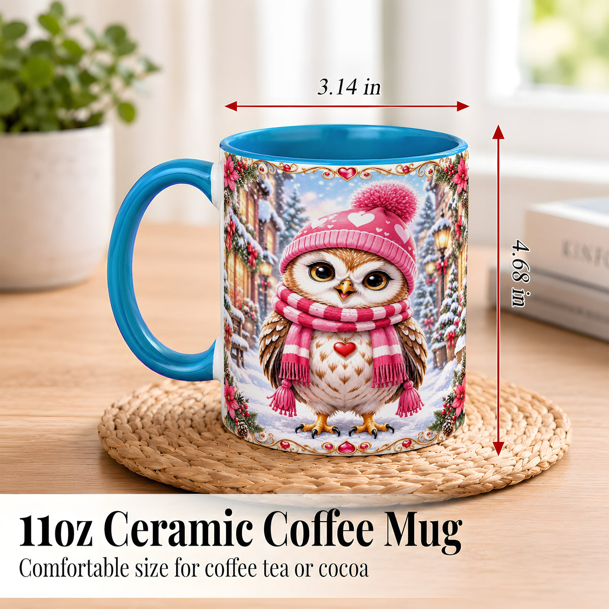 #pl[11oz|Blue] Pink Winter Owl Coffee Mug, Heart Christmas Owl Mug, Ceramic Cup