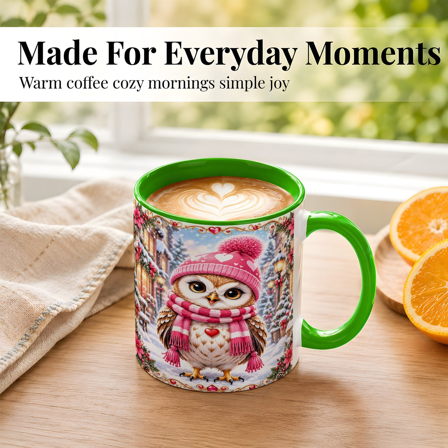 #pl[11oz|Green] Pink Winter Owl Coffee Mug, Heart Christmas Owl Mug, Ceramic Cup