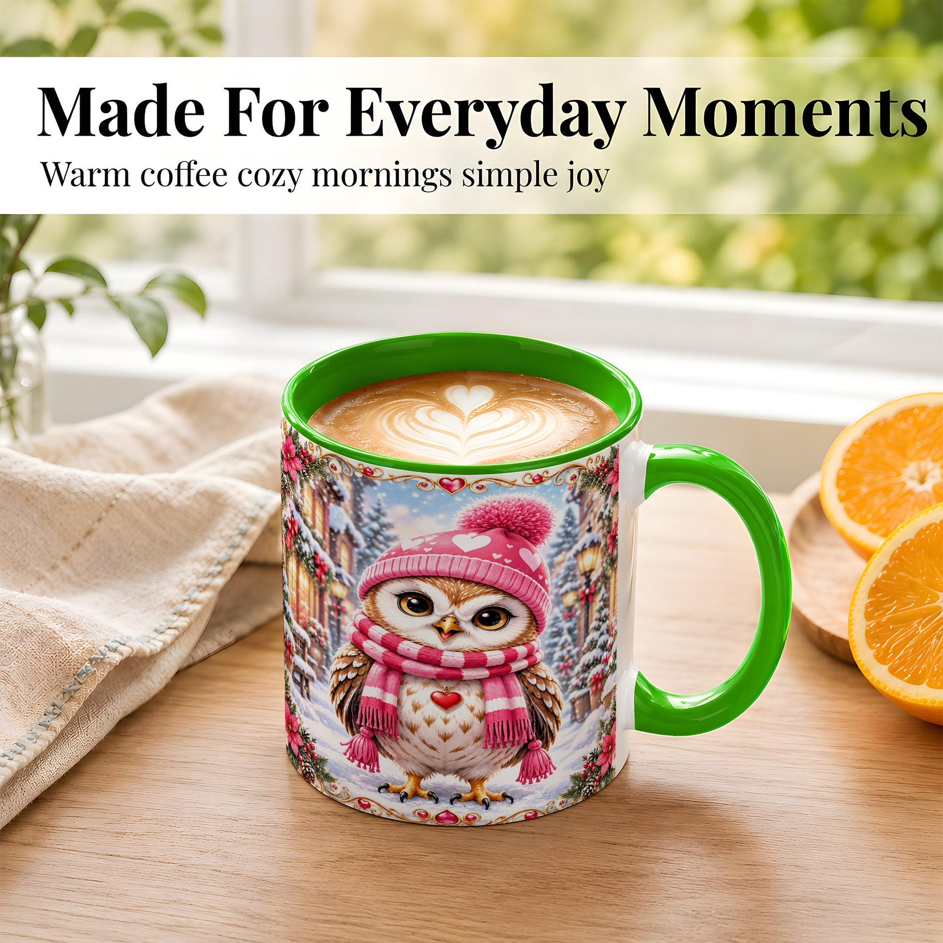#pl[11oz|Green] Pink Winter Owl Coffee Mug, Heart Christmas Owl Mug, Ceramic Cup