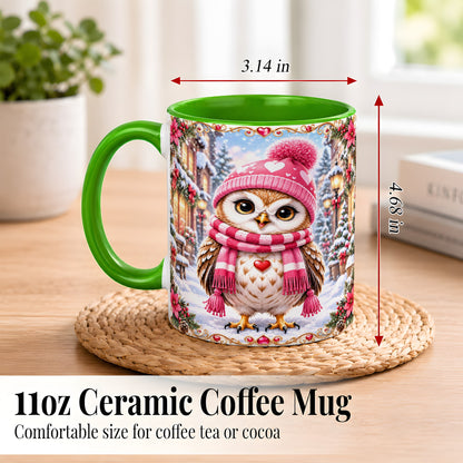#pl[11oz|Green] Pink Winter Owl Coffee Mug, Heart Christmas Owl Mug, Ceramic Cup