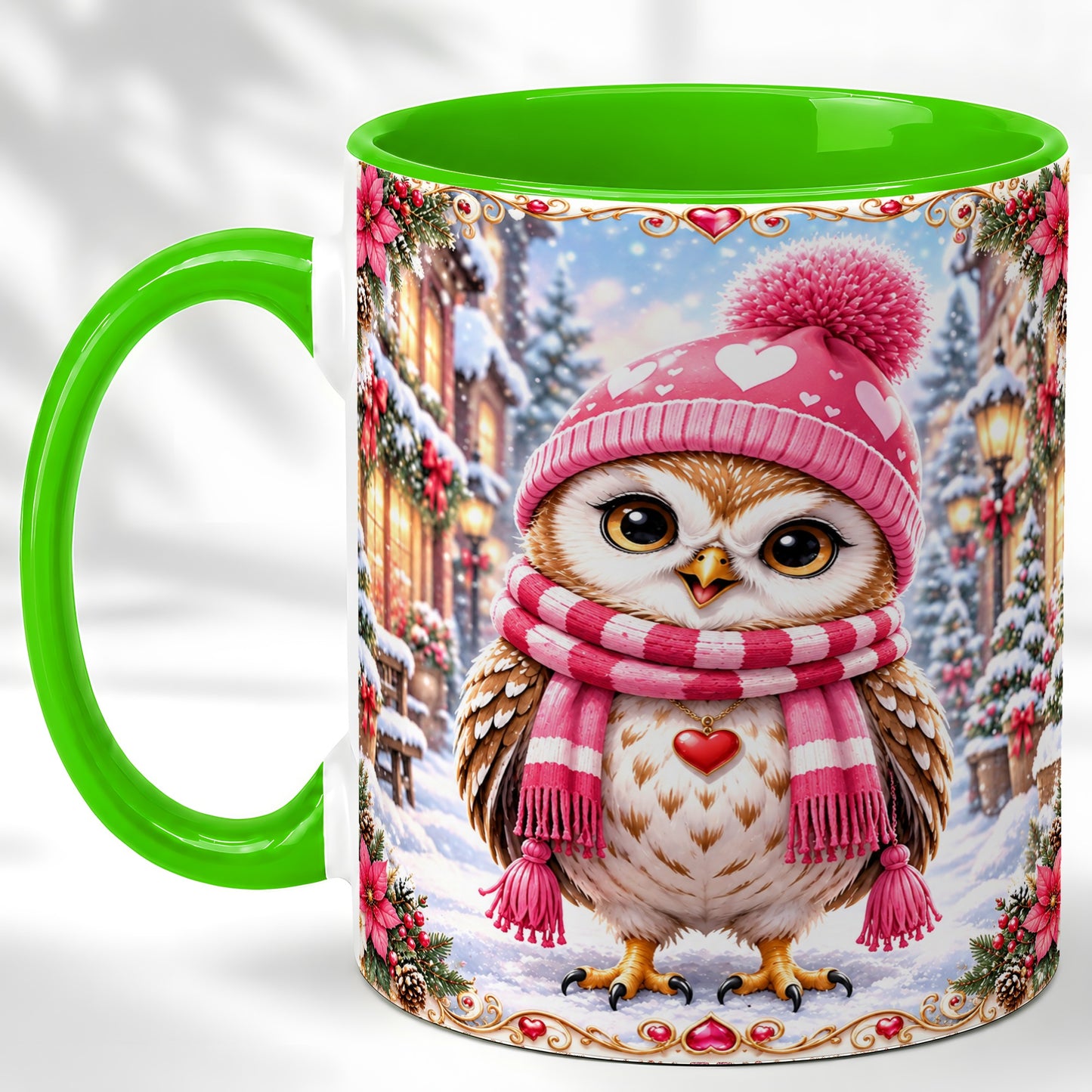 #pl[11oz|Green] Pink Winter Owl Coffee Mug, Heart Christmas Owl Mug, Ceramic Cup