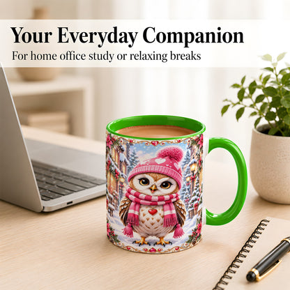 #pl[11oz|Green] Pink Winter Owl Coffee Mug, Heart Christmas Owl Mug, Ceramic Cup