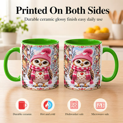 #pl[11oz|Green] Pink Winter Owl Coffee Mug, Heart Christmas Owl Mug, Ceramic Cup