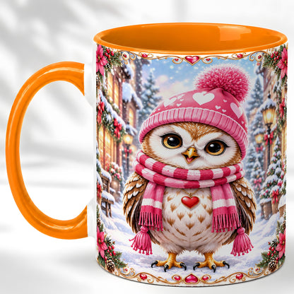 #pl[11oz|Orange] Pink Winter Owl Coffee Mug, Heart Christmas Owl Mug, Ceramic Cup