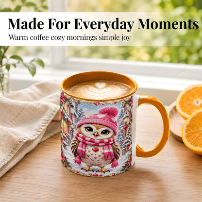 #pl[11oz|Orange] Pink Winter Owl Coffee Mug, Heart Christmas Owl Mug, Ceramic Cup