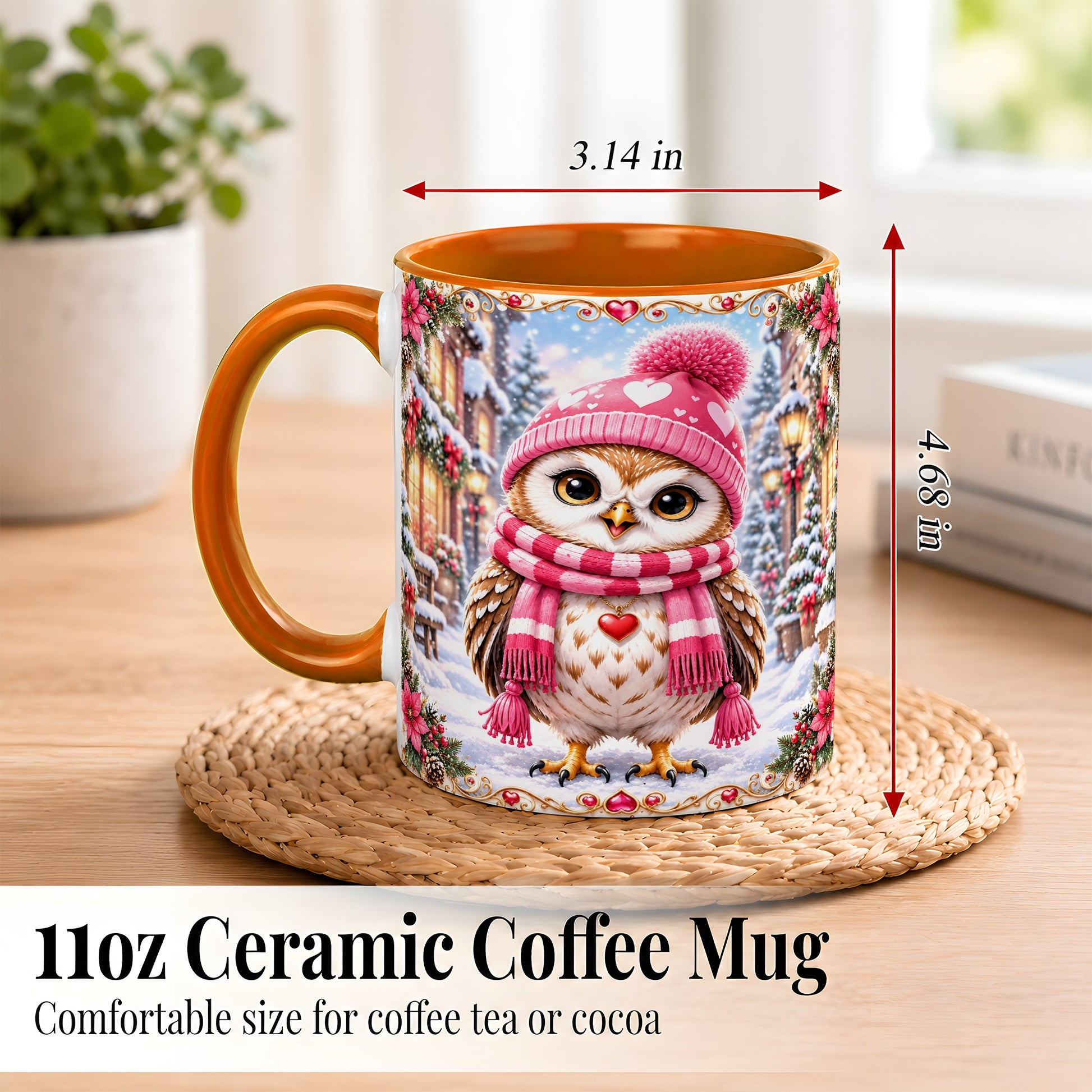 #pl[11oz|Orange] Pink Winter Owl Coffee Mug, Heart Christmas Owl Mug, Ceramic Cup