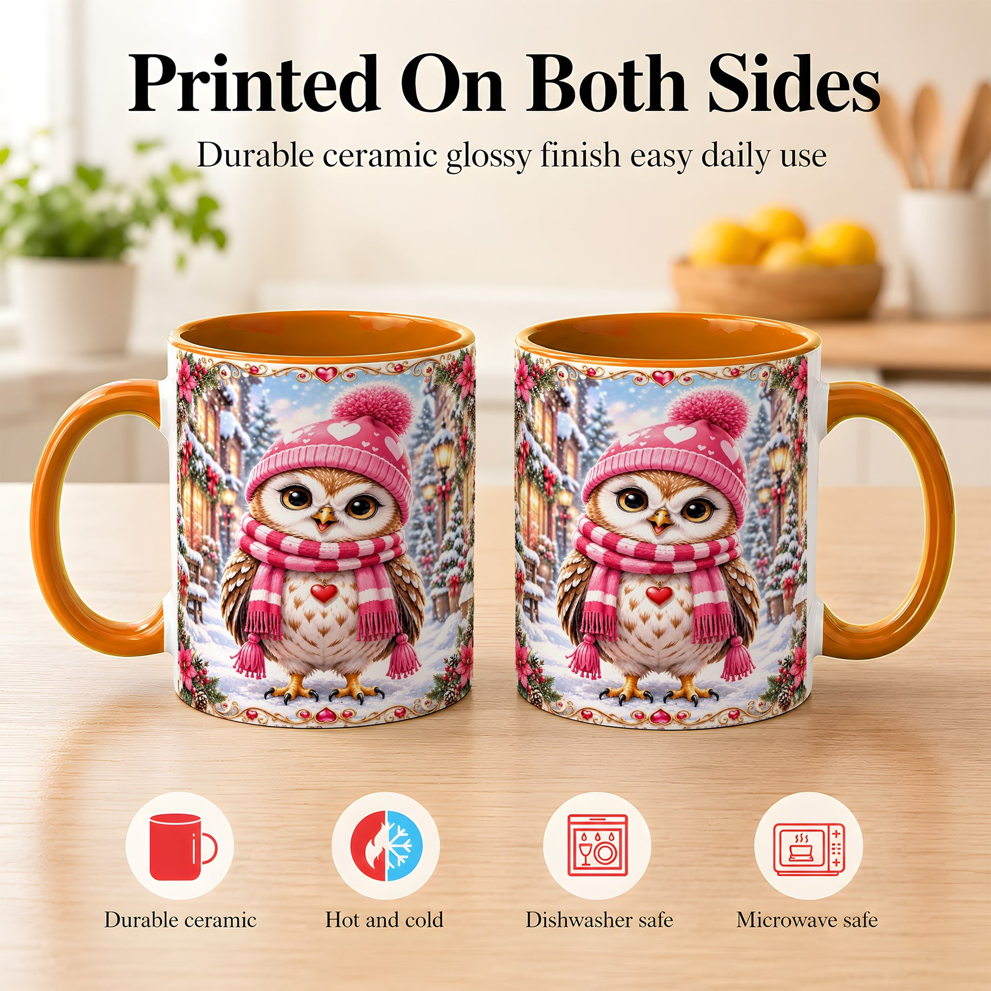 #pl[11oz|Orange] Pink Winter Owl Coffee Mug, Heart Christmas Owl Mug, Ceramic Cup