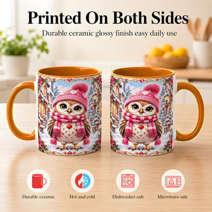 #pl[11oz|Orange] Pink Winter Owl Coffee Mug, Heart Christmas Owl Mug, Ceramic Cup