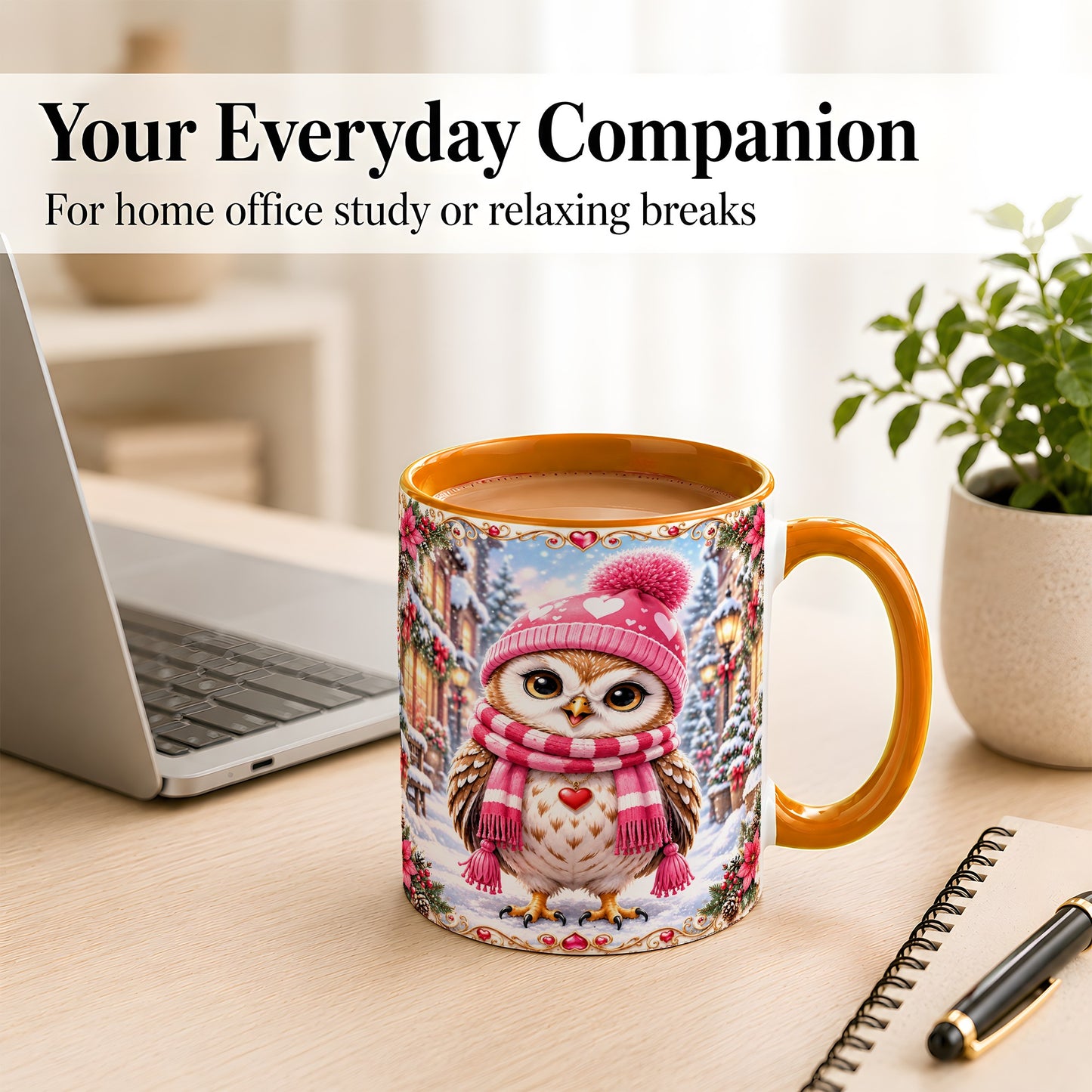#pl[11oz|Orange] Pink Winter Owl Coffee Mug, Heart Christmas Owl Mug, Ceramic Cup