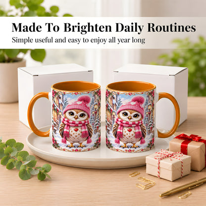 #pl[11oz|Orange] Pink Winter Owl Coffee Mug, Heart Christmas Owl Mug, Ceramic Cup