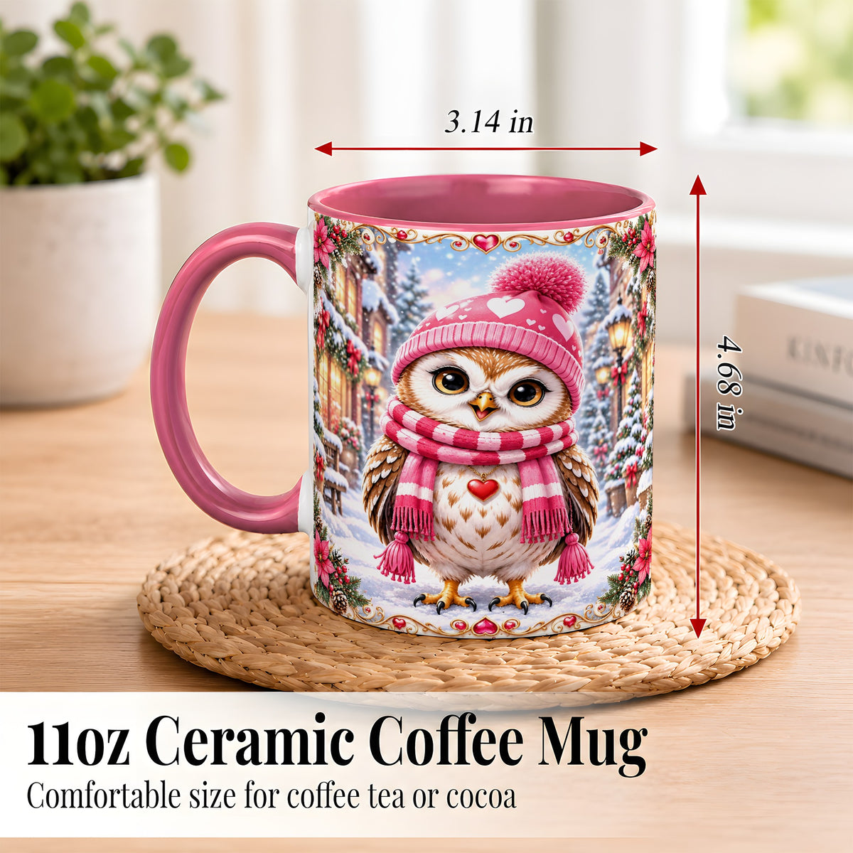 #pl[11oz|Pink] Pink Winter Owl Coffee Mug, Heart Christmas Owl Mug, Ceramic Cup