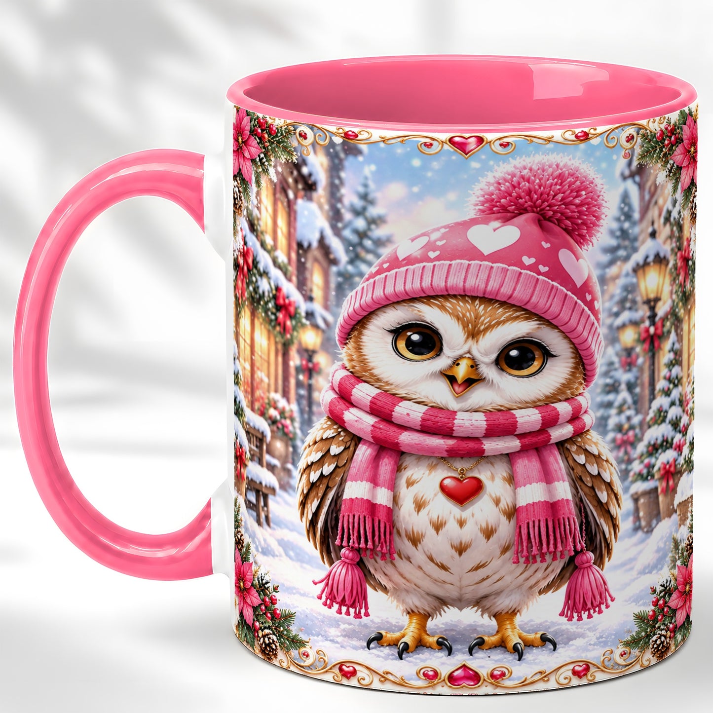 #pl[11oz|Pink] Pink Winter Owl Coffee Mug, Heart Christmas Owl Mug, Ceramic Cup