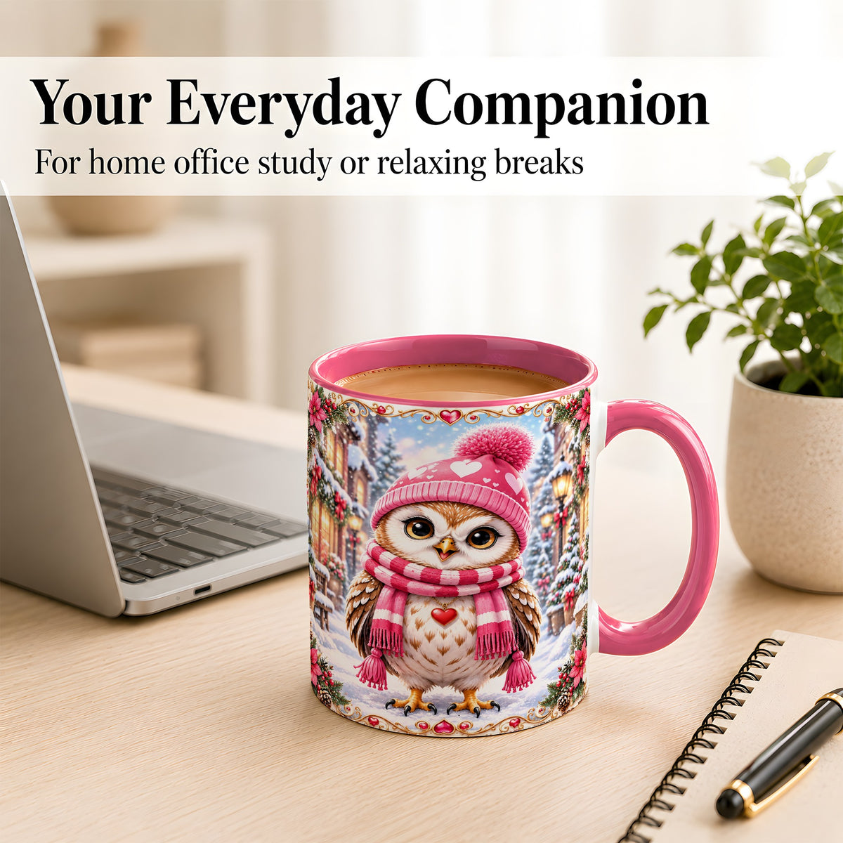 #pl[11oz|Pink] Pink Winter Owl Coffee Mug, Heart Christmas Owl Mug, Ceramic Cup