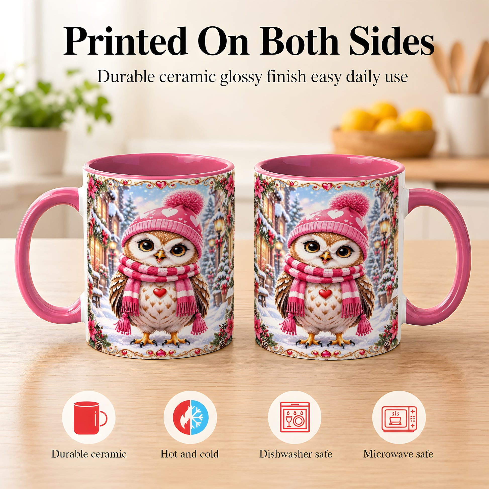#pl[11oz|Pink] Pink Winter Owl Coffee Mug, Heart Christmas Owl Mug, Ceramic Cup