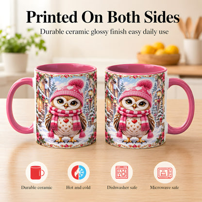 #pl[11oz|Pink] Pink Winter Owl Coffee Mug, Heart Christmas Owl Mug, Ceramic Cup
