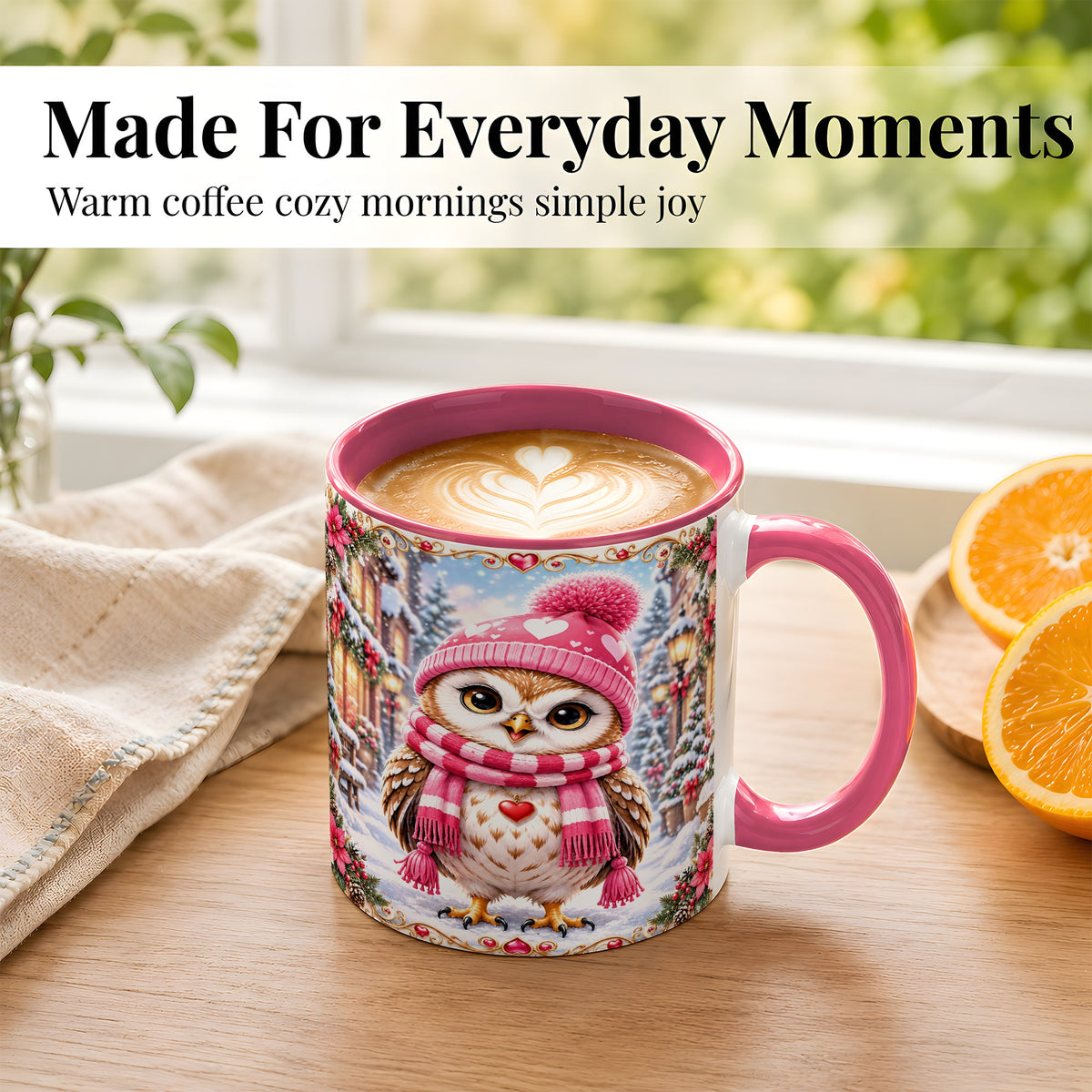 #pl[11oz|Pink] Pink Winter Owl Coffee Mug, Heart Christmas Owl Mug, Ceramic Cup