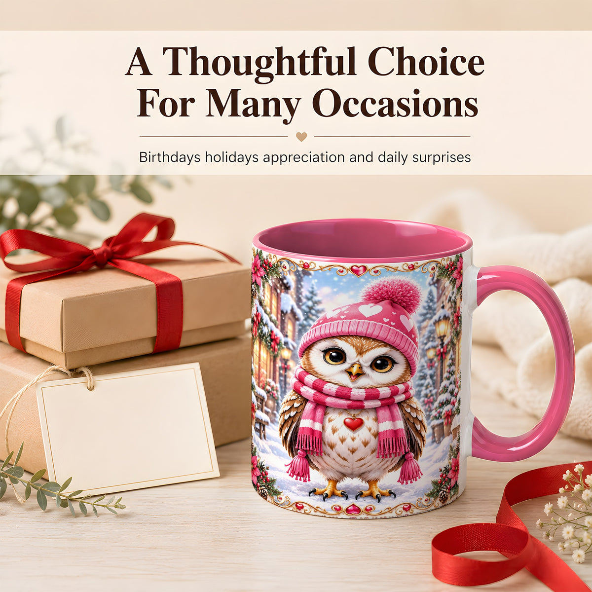 #pl[11oz|Pink] Pink Winter Owl Coffee Mug, Heart Christmas Owl Mug, Ceramic Cup