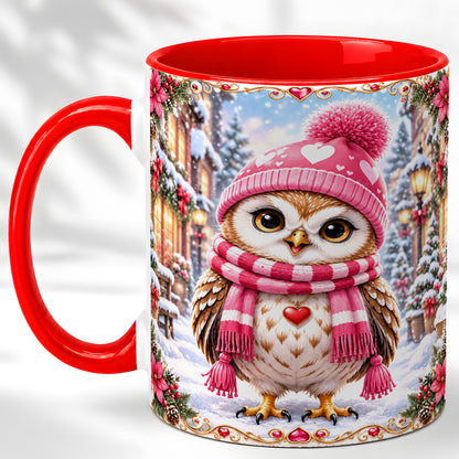 Pink Winter Owl Coffee Mug, Heart Christmas Owl Mug, Ceramic Cup