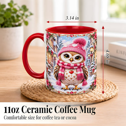 #pl[11oz|Red] Pink Winter Owl Coffee Mug, Heart Christmas Owl Mug, Ceramic Cup