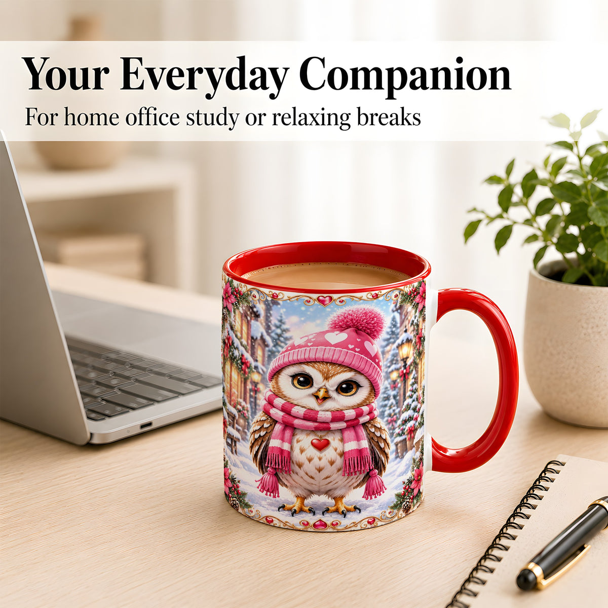 #pl[11oz|Red] Pink Winter Owl Coffee Mug, Heart Christmas Owl Mug, Ceramic Cup