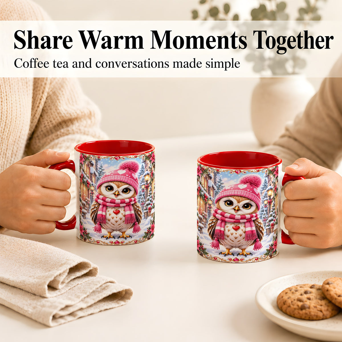 #pl[11oz|Red] Pink Winter Owl Coffee Mug, Heart Christmas Owl Mug, Ceramic Cup