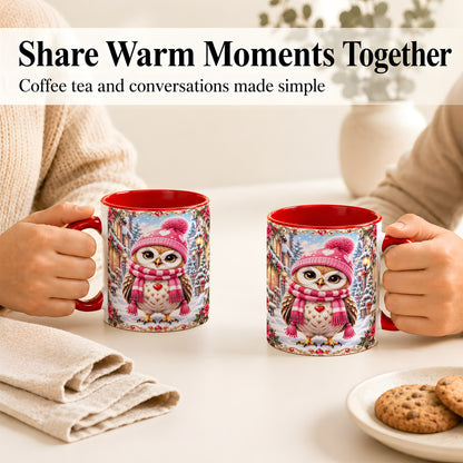 #pl[11oz|Red] Pink Winter Owl Coffee Mug, Heart Christmas Owl Mug, Ceramic Cup
