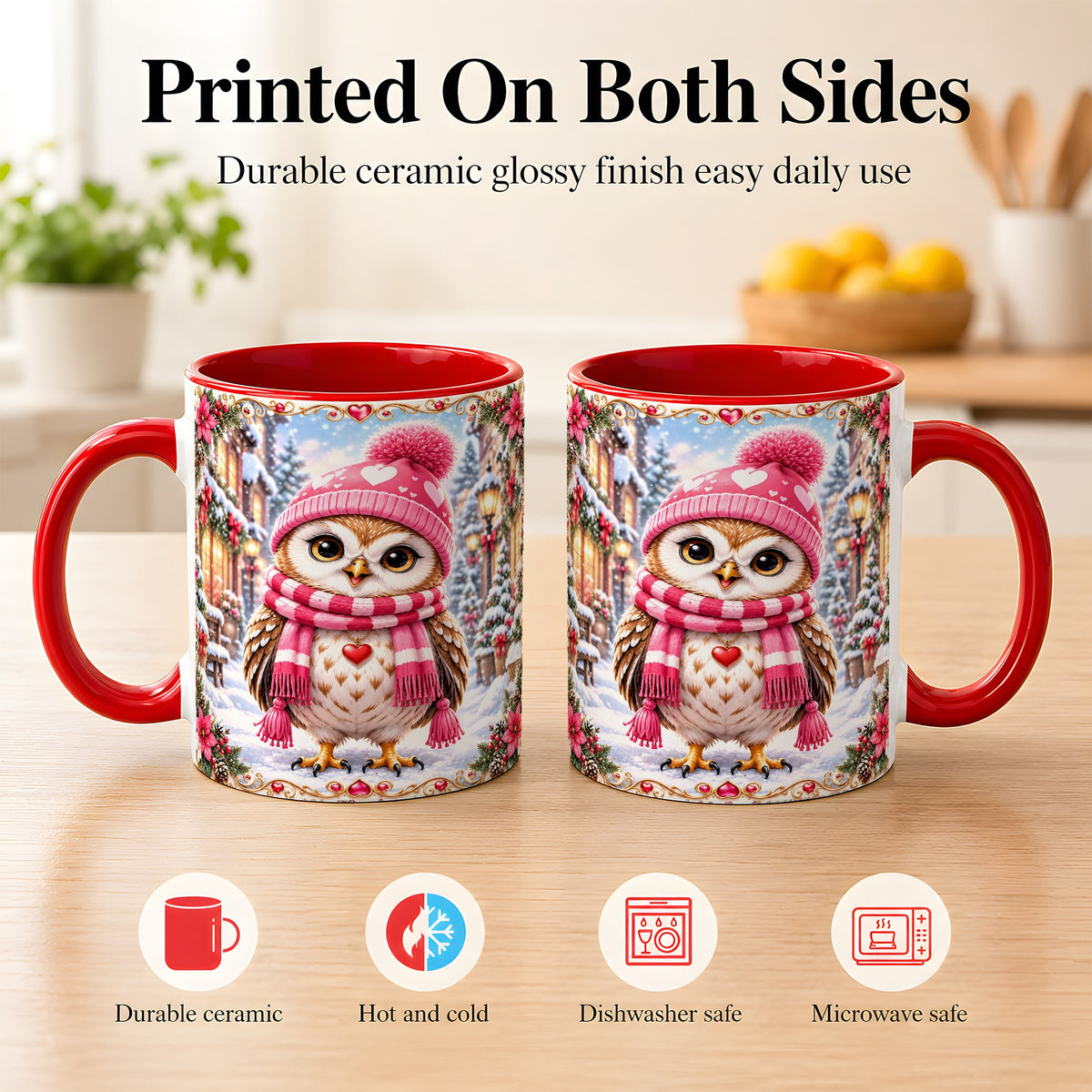 #pl[11oz|Red] Pink Winter Owl Coffee Mug, Heart Christmas Owl Mug, Ceramic Cup
