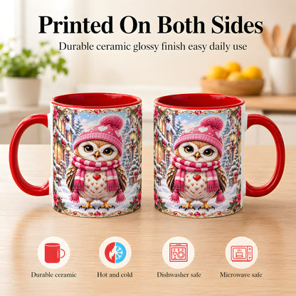 #pl[11oz|Red] Pink Winter Owl Coffee Mug, Heart Christmas Owl Mug, Ceramic Cup