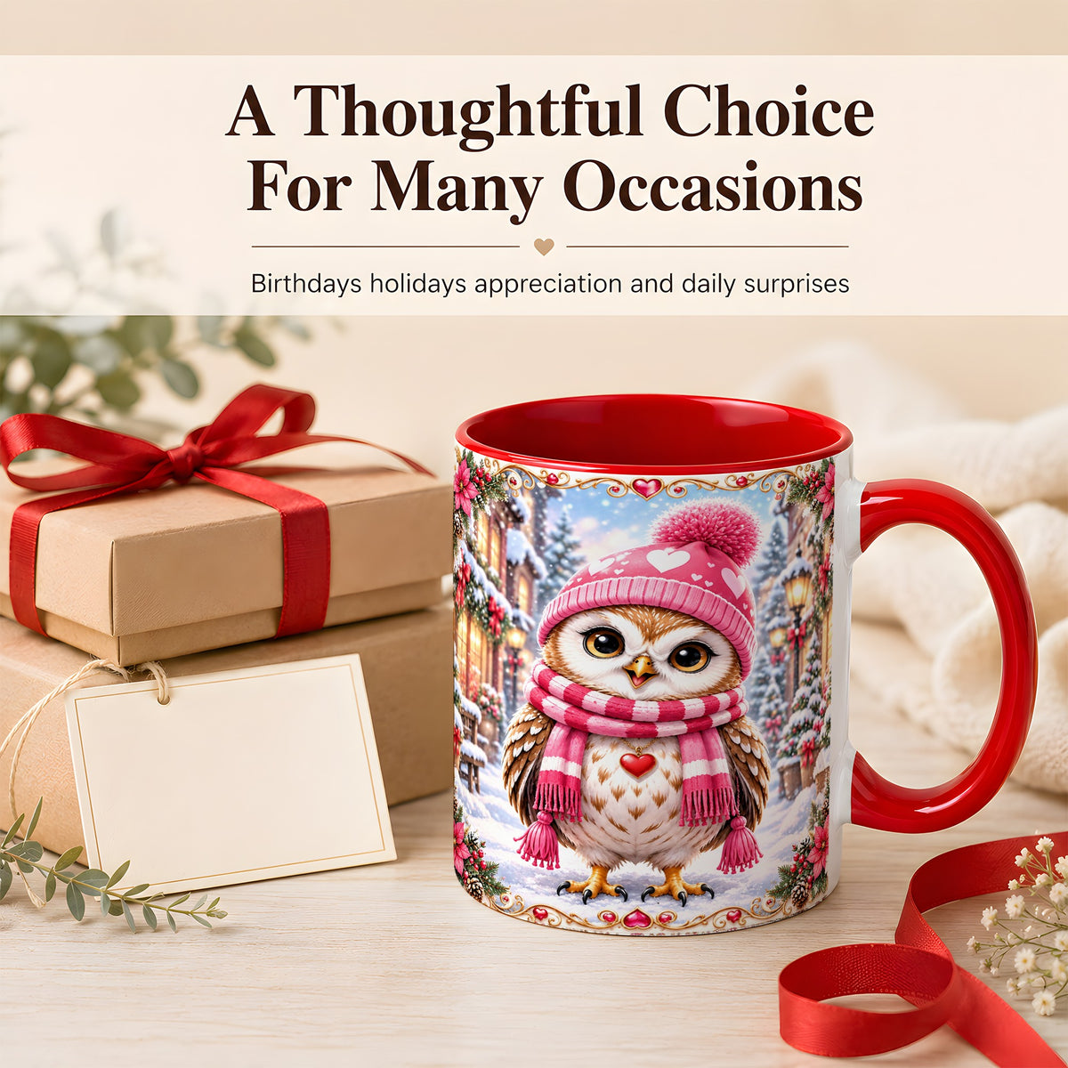 #pl[11oz|Red] Pink Winter Owl Coffee Mug, Heart Christmas Owl Mug, Ceramic Cup