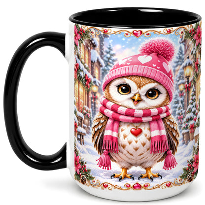#pl[15oz|Black] Pink Winter Owl Coffee Mug, Heart Christmas Owl Mug, Ceramic Cup