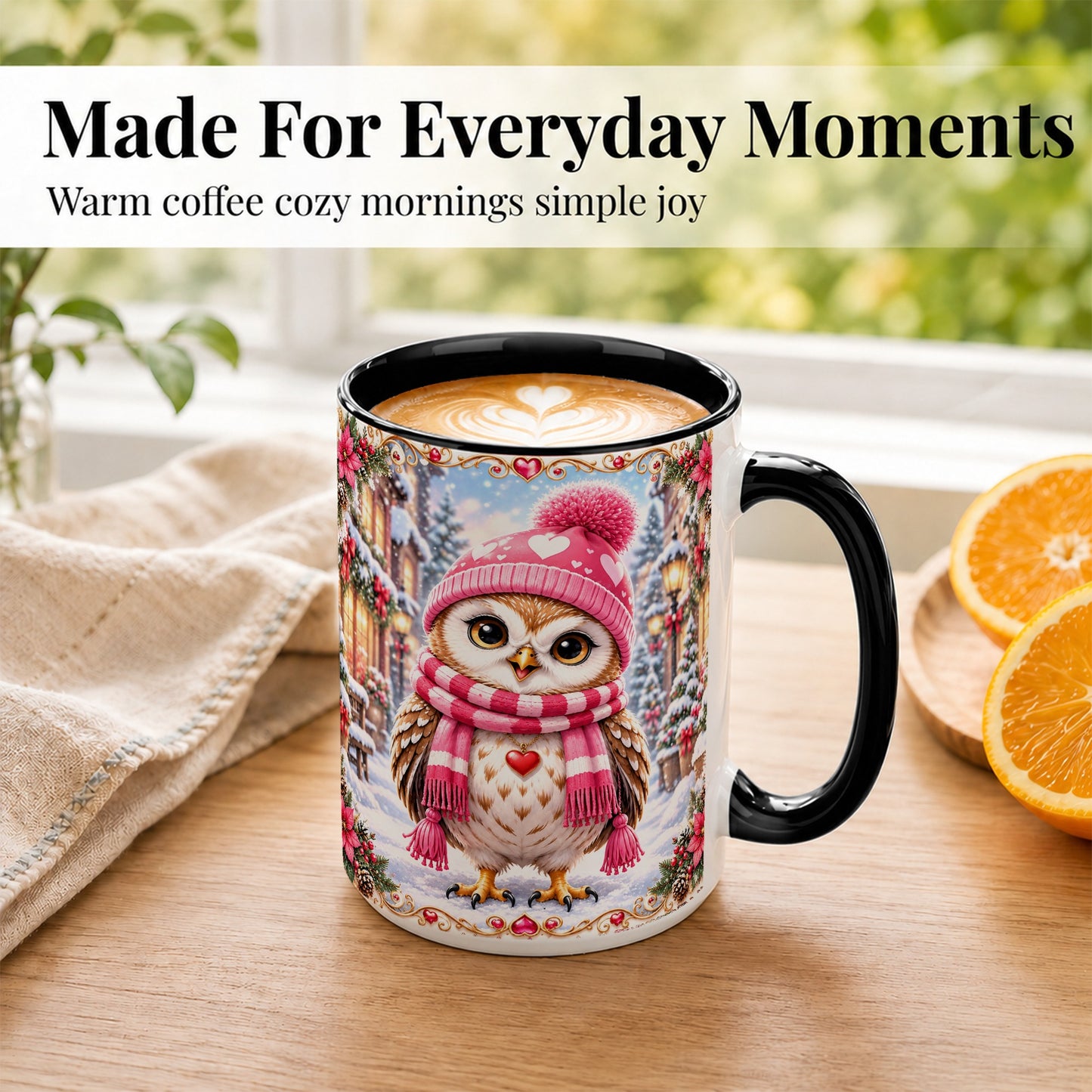 #pl[15oz|Black] Pink Winter Owl Coffee Mug, Heart Christmas Owl Mug, Ceramic Cup