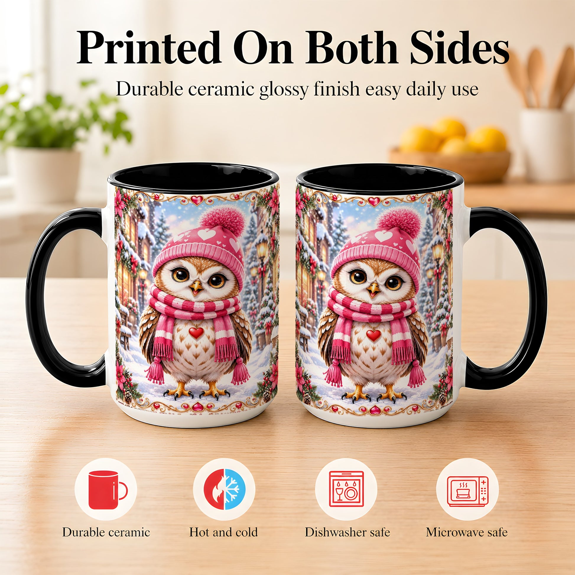 #pl[15oz|Black] Pink Winter Owl Coffee Mug, Heart Christmas Owl Mug, Ceramic Cup