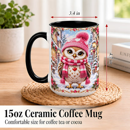 #pl[15oz|Black] Pink Winter Owl Coffee Mug, Heart Christmas Owl Mug, Ceramic Cup