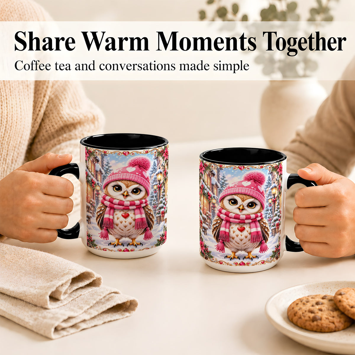 #pl[15oz|Black] Pink Winter Owl Coffee Mug, Heart Christmas Owl Mug, Ceramic Cup