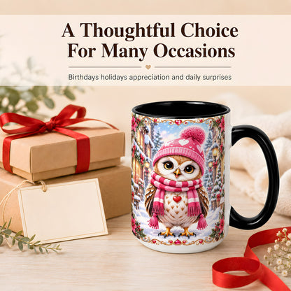 #pl[15oz|Black] Pink Winter Owl Coffee Mug, Heart Christmas Owl Mug, Ceramic Cup