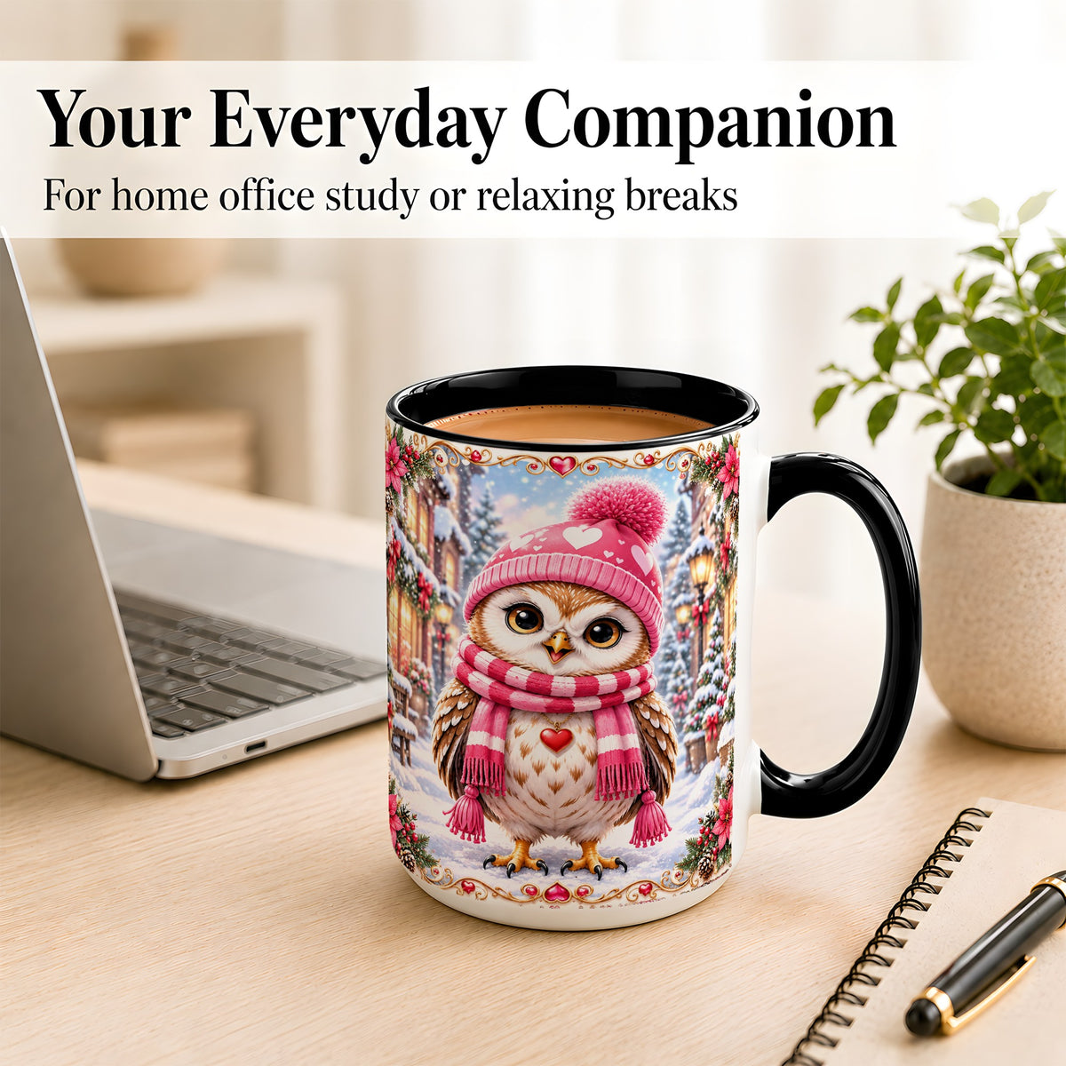 #pl[15oz|Black] Pink Winter Owl Coffee Mug, Heart Christmas Owl Mug, Ceramic Cup