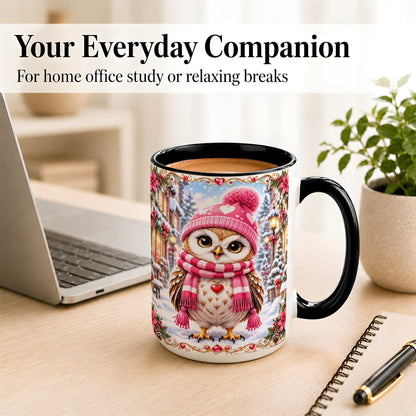 #pl[15oz|Black] Pink Winter Owl Coffee Mug, Heart Christmas Owl Mug, Ceramic Cup