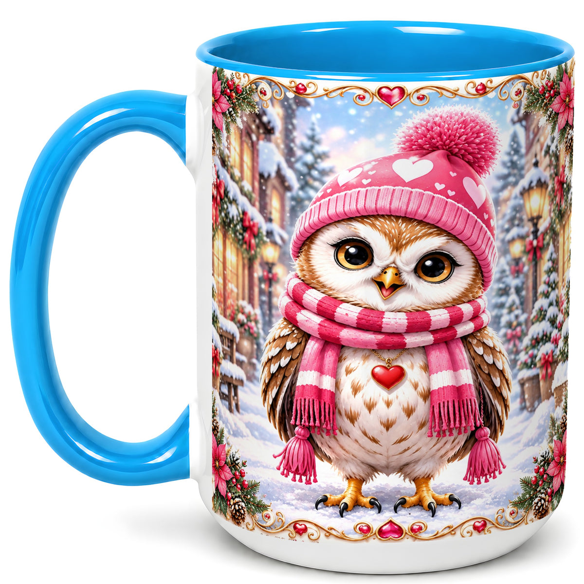 #pl[15oz|Blue] Pink Winter Owl Coffee Mug, Heart Christmas Owl Mug, Ceramic Cup